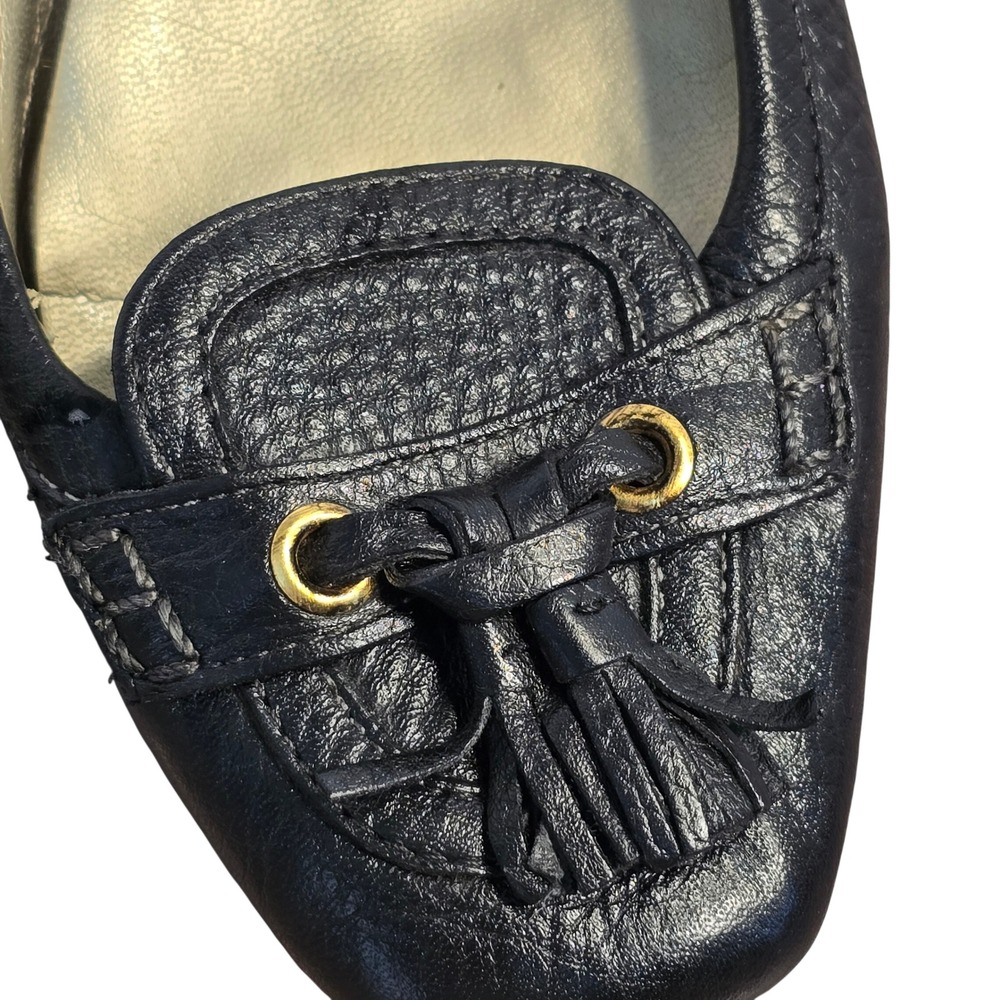 Talbots Black Pebbled Leather Tassel Loafer Pumps Low Block Heel Gold Hardware - Picture 2 of 16